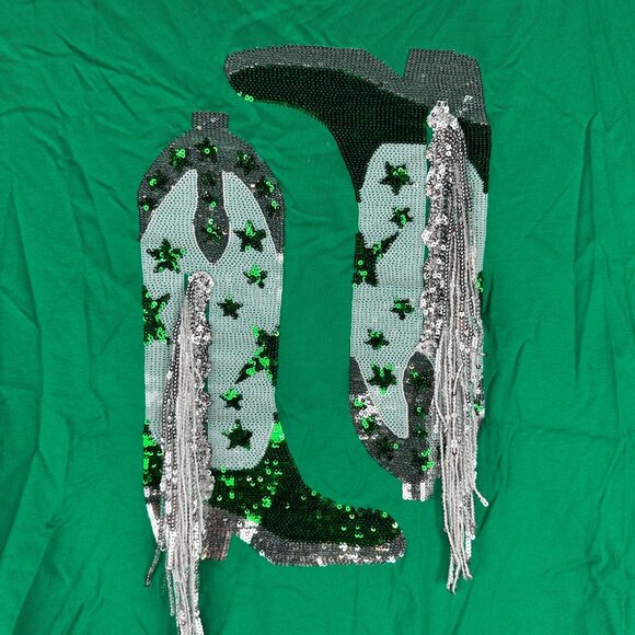 Sequin Cowboy Boot Graphic Tee Shirt Kelly Green M Blue B Collection Womens Top - Picture 2 of 7